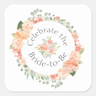 Peach Floral Ring Bridal Shower Square Sticker