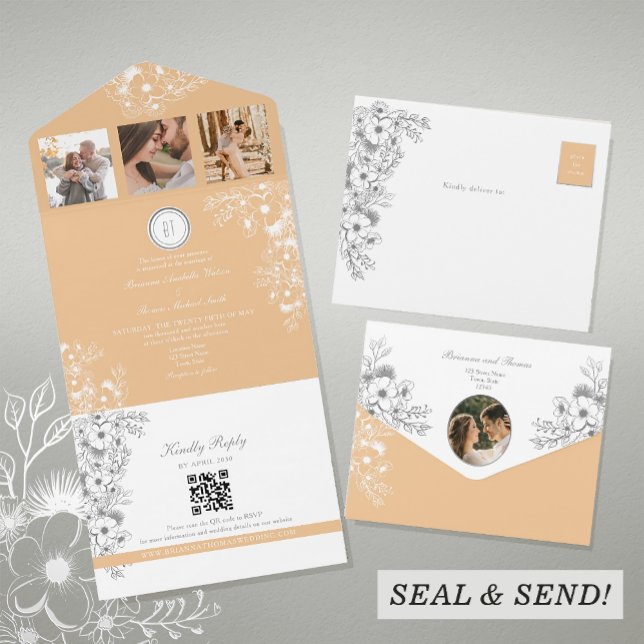 Peach Floral Romantic Wedding QR Code All In One Invitation (Creator Uploaded)