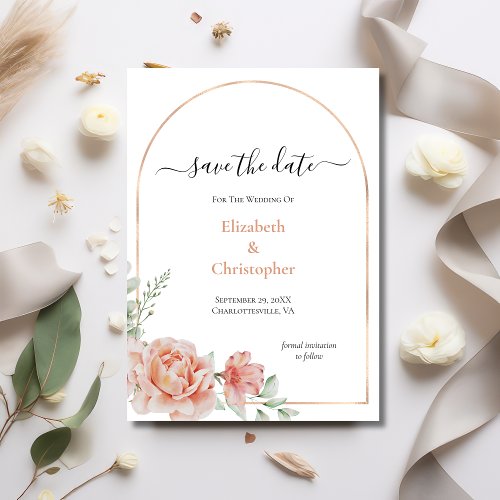 Peach Floral Rose Gold Arch Wedding Save the Date Invitation