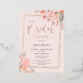 Peach floral rose gold script bridal shower foil invitation (Standing Front)