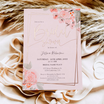 Peach Floral Rose Gold Script Bridal Shower Foil Invitation by girly_trend at Zazzle