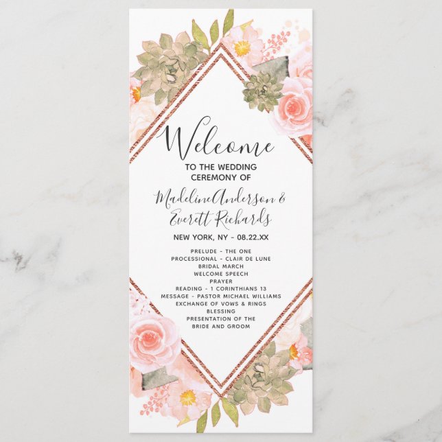 Peach Floral Rose Gold Wedding Ceremony Program (Front)