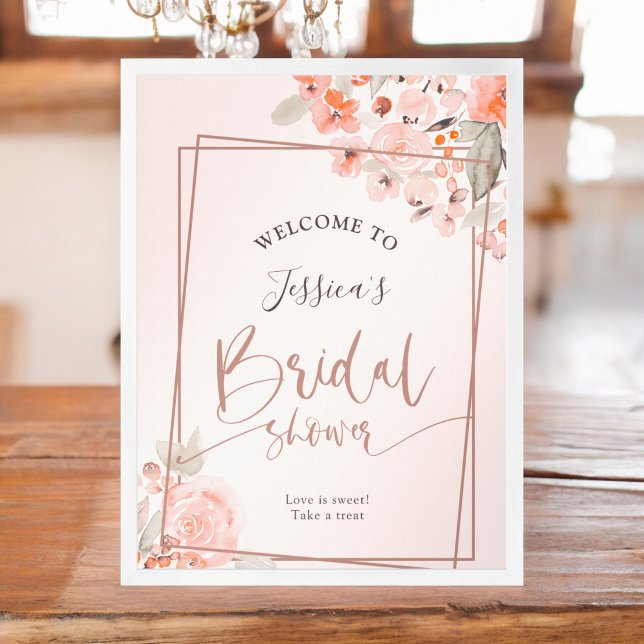 Peach floral rose gold  welcome bridal shower poster (Peach floral rose gold welcome bridal shower poster)