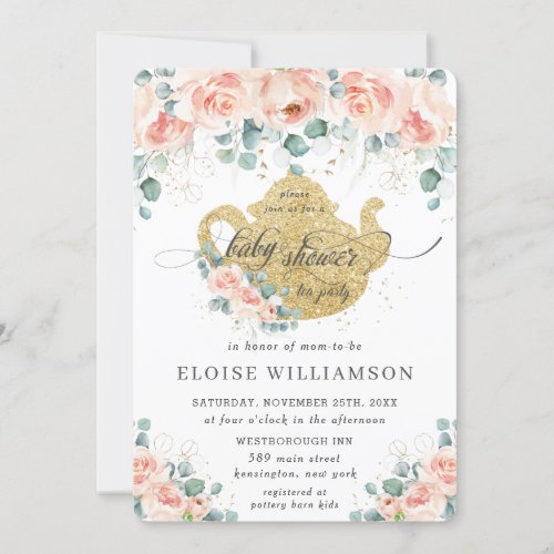 Peach Floral Rose Greenery Baby Shower Tea Party Invitation