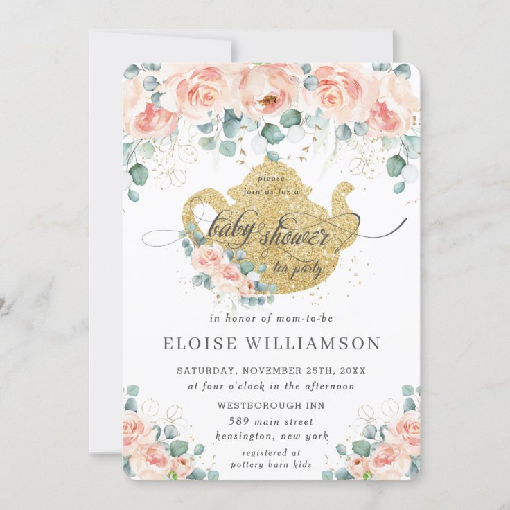 Peach Floral Rose Greenery Baby Shower Tea Party Invitation | Zazzle