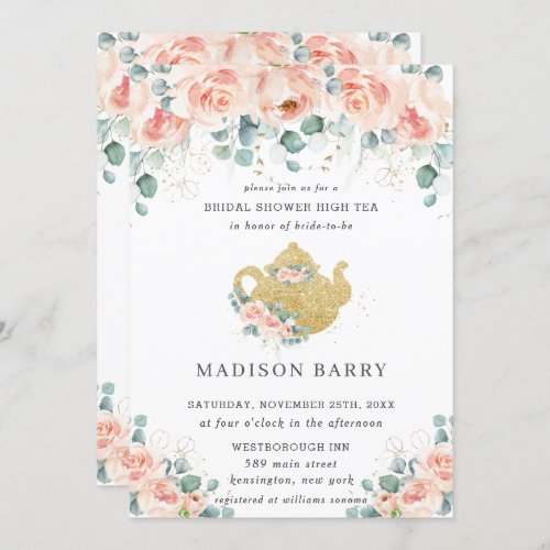 Peach Floral Rose Greenery Bridal Shower Tea Party Invitation