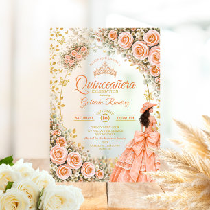 Peach Floral Roses Golden Western Quinceañera Acrylic Invitations