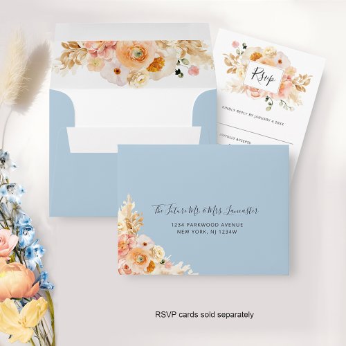 Peach Floral RSVP with Return Address Blue Envelope