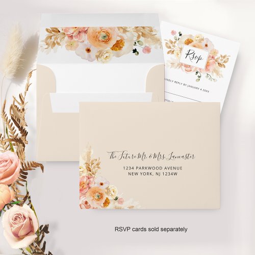 Peach Floral RSVP with Return Address Champagne Envelope