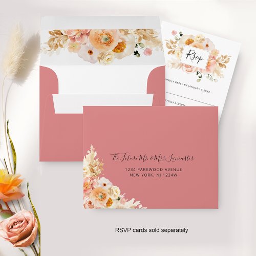 Peach Floral RSVP with Return Address Coral Envelope