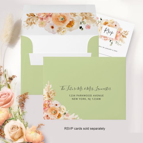 Peach Floral RSVP with Return Address Green Envelope