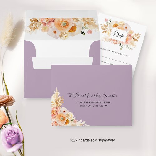 Peach Floral RSVP with Return Address Lavender Envelope