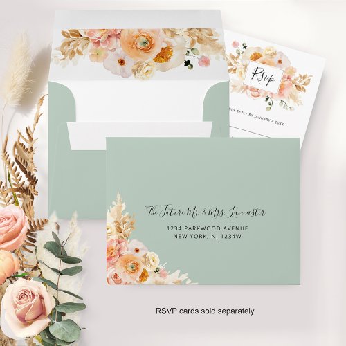 Peach Floral RSVP with Return Address Sage Green Envelope