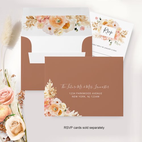 Peach Floral RSVP with Return Address Terracotta Envelope
