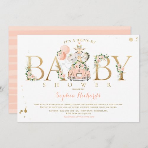 Peach Floral Safari Animals Drive By Baby Shower Invitation