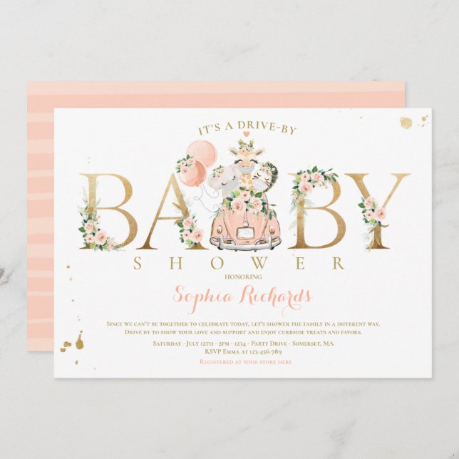 Peach Floral Safari Animals Drive By Baby Shower Invitation (Front/Back)