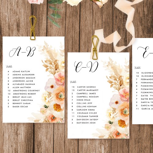 Peach Floral Seating Plan Cards with Guest Names