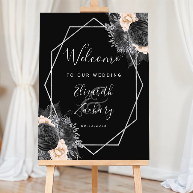 Peach Floral Silver Black Wedding Welcome Foam Board (Creator Uploaded)