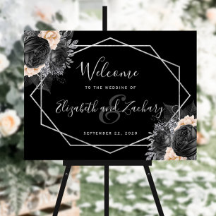 Peach Floral Silver Black Wedding Welcome Foam Board