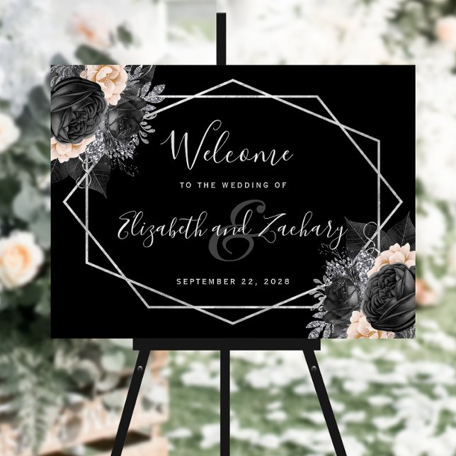 Peach Floral Silver Black Wedding Welcome Foam Board (Creator Uploaded)
