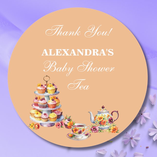 Peach Floral Tea Party Baby Shower Favor  Classic Round Sticker (Creator Uploaded)