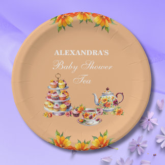 Peach Floral Tea Party Baby Shower Paper Plates