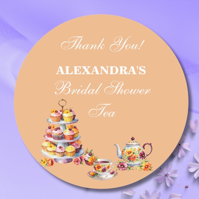 Peach Floral Tea Party Bridal Shower Favor  Classic Round Sticker (Creator Uploaded)