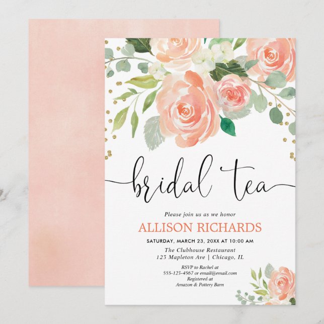 Peach floral tea party bridal shower invitations (Front/Back)