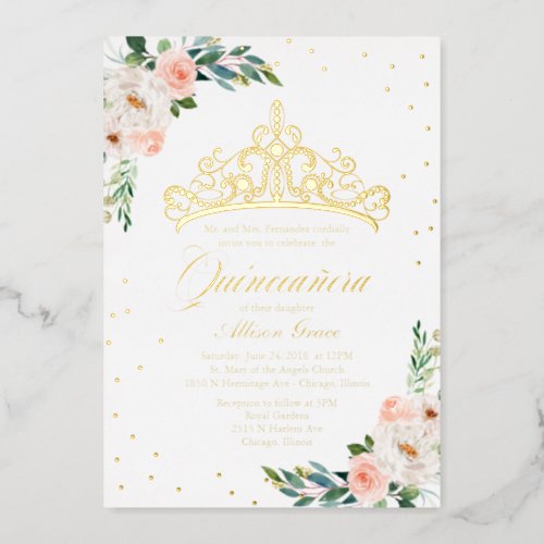 Peach Floral Tiara Quinceanera Foil Invitation