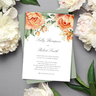 Peach Floral Top Border Elegant Script Wedding Invitation