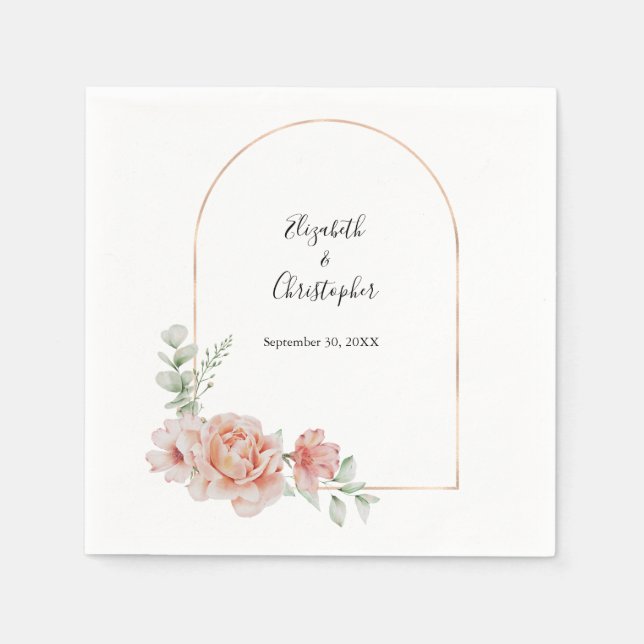 Peach Floral Trendy Arch Greenery Modern Wedding Napkins (Front)