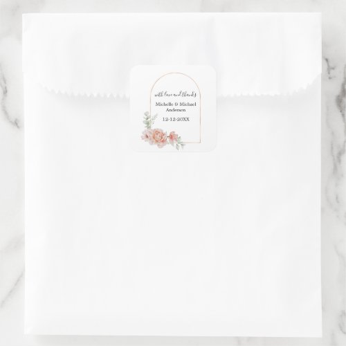 Peach Floral Watercolor Arch Wedding Favor  Square Sticker