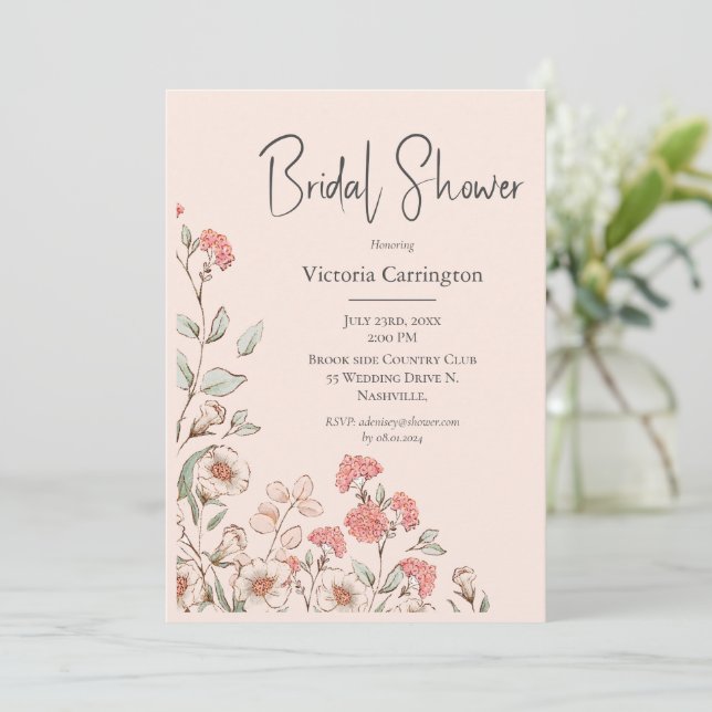 Peach Floral Watercolor Bridal Shower Invitation (Standing Front)