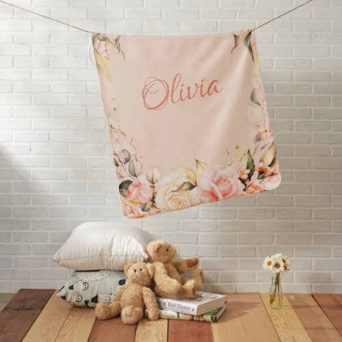 Peach Floral Watercolor Name Baby Girl Baby Blanket