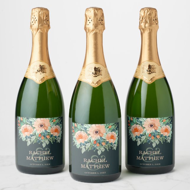 Peach Floral Watercolor on Teal Sparkling Wine Label (Bottles)