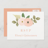 Peach Floral Watercolor Quinceanera RSVP Postcard (Front/Back)