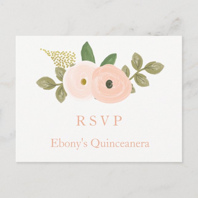 Peach Floral Watercolor Quinceanera RSVP Postcard (Front)