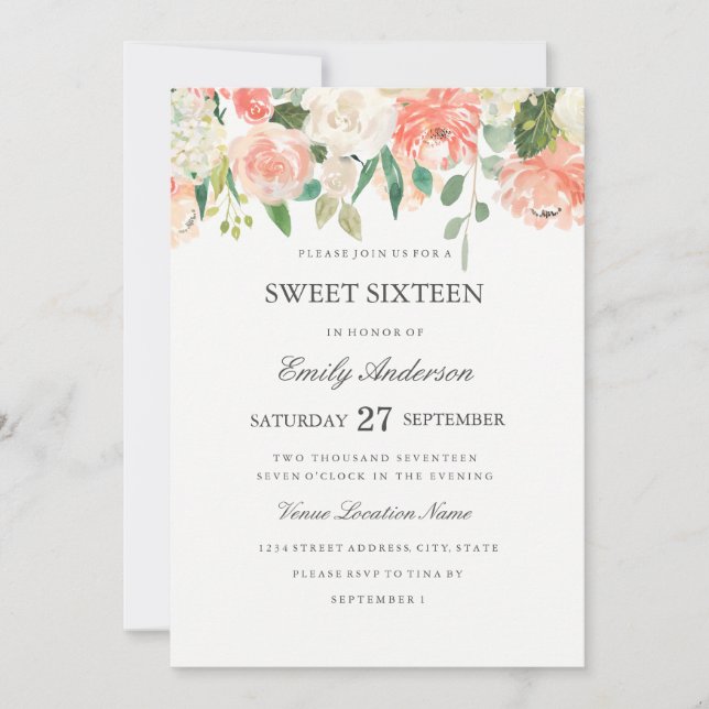 Peach Floral Watercolor Sweet Sixteen Invitation (Front)