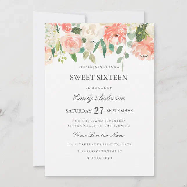 Peach Floral Watercolor Sweet Sixteen Invitation | Zazzle