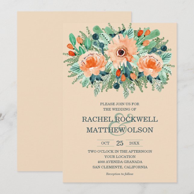 Peach Floral Watercolor Wedding Invitation (Front/Back)