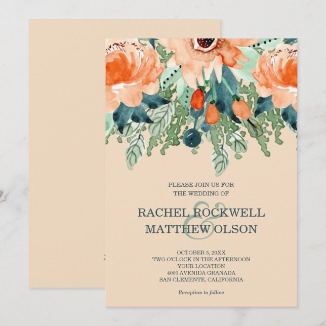 Peach Floral Watercolor Wedding Invitation (Front/Back)