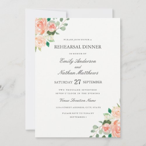 Peach Floral Watercolor Wedding Rehearsal Dinner Invitation