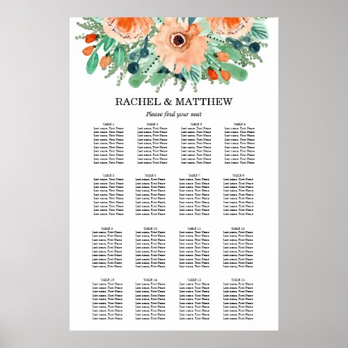 Peach Floral Wedding 16 Table Seating Chart