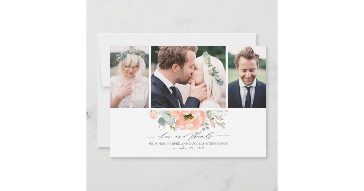 Peach Floral Wedding 3 Photos Thank You Card | Zazzle