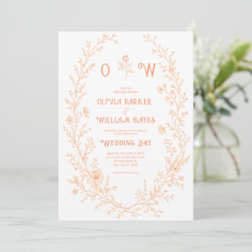 Peach Floral Wedding Elegant Botanical Wreath Invitation