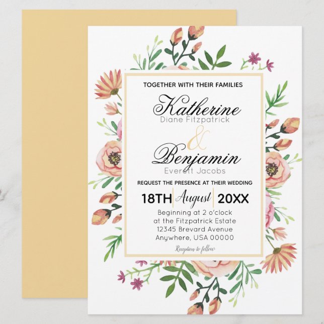 Peach Floral Wedding Invitation (Front/Back)