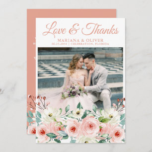 Peach Floral Wedding Photo Thank You Card