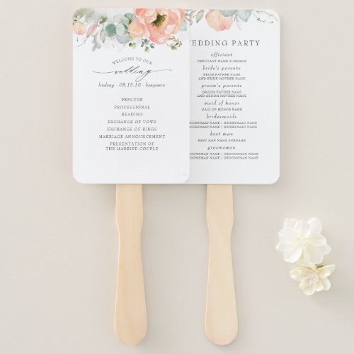 Peach Floral Wedding Program Hand Fan