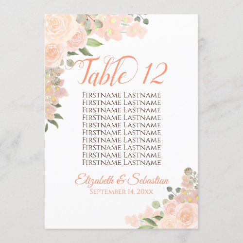 Peach Floral Wedding Table Number  Names Large