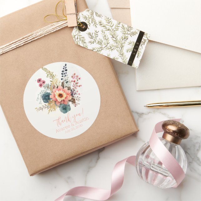  Peach Floral Wedding Thank You  Classic Round Sticker (Gifting)